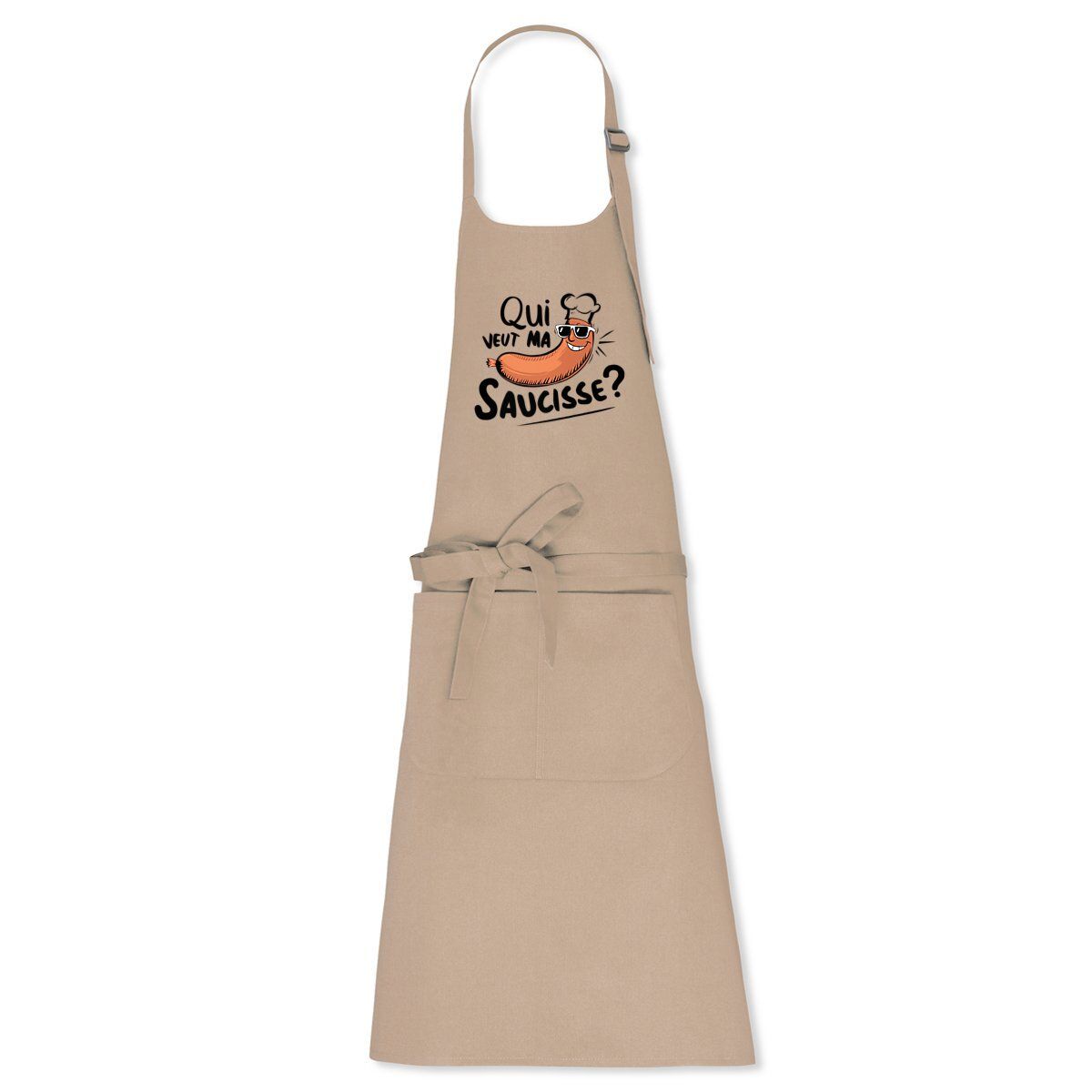 Tablier homme humour Qui veut ma saucisse - 100% coton bio Tablier homme humour Qui veut ma saucisse - 100% coton bio