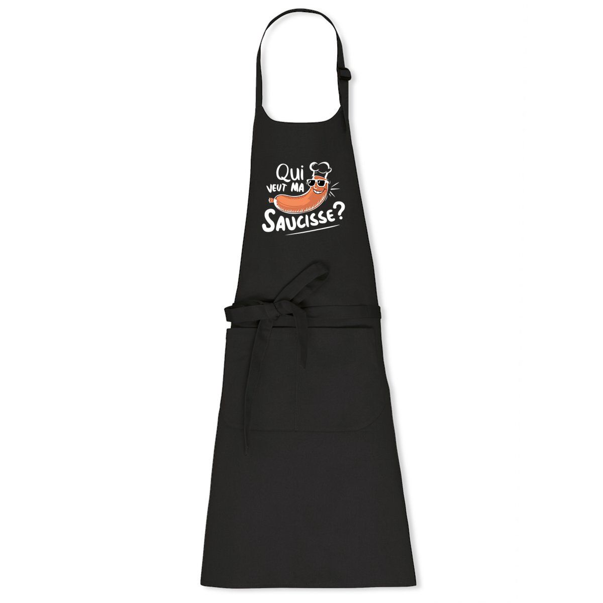 Tablier homme humour Qui veut ma saucisse - 100% coton bio Tablier homme humour Qui veut ma saucisse - 100% coton bio