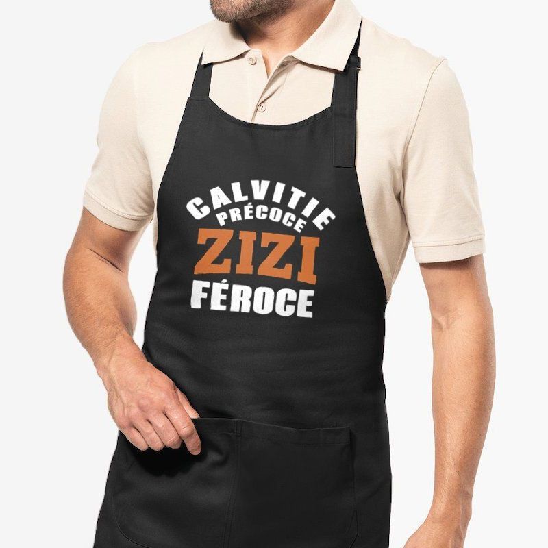 Tablier homme humour « Calvitie précoce, zizi féroce » – 100% coton bio