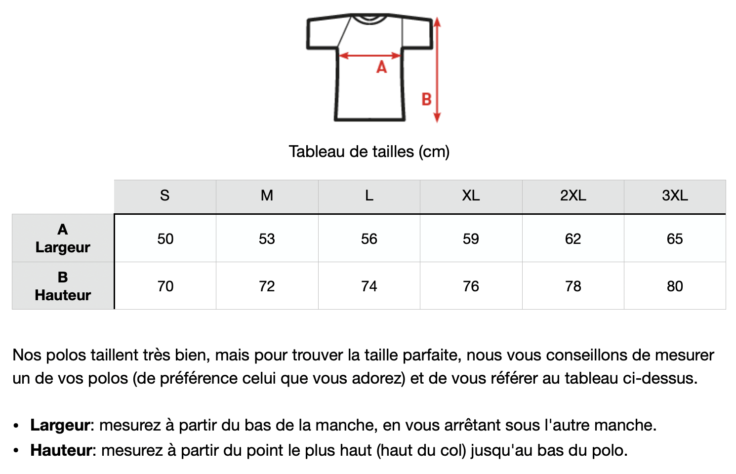 Guide des tailles polo homme