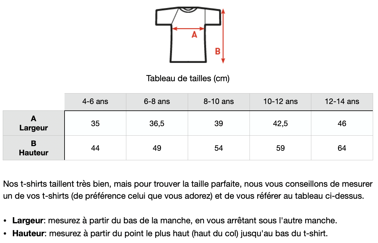 T shirt enfant guide des tailles