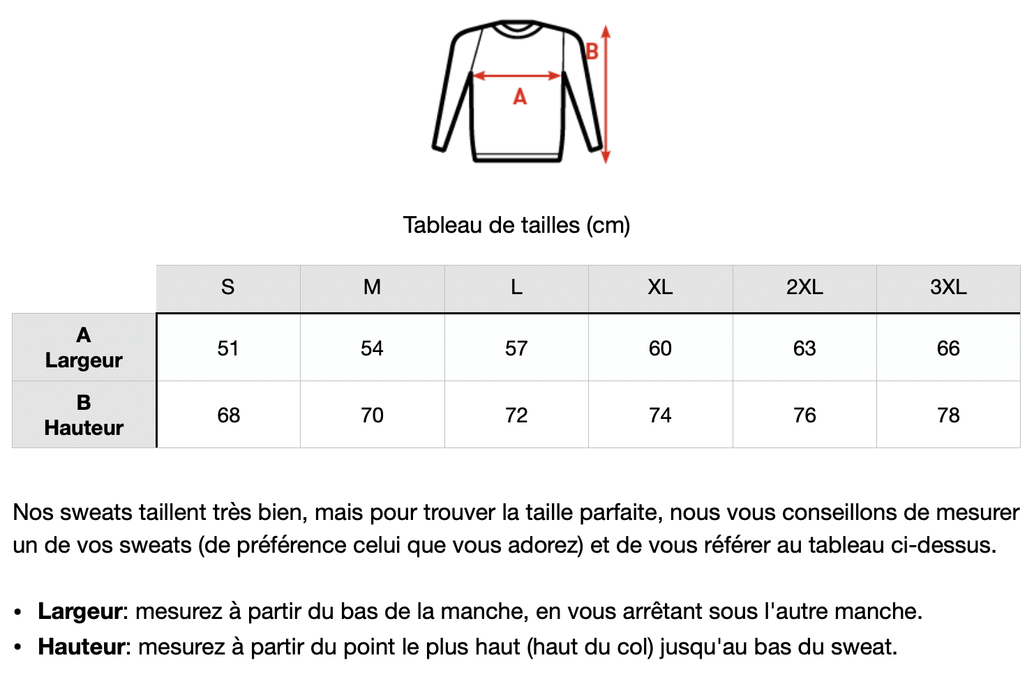 Guide des tailles sweat à capuche personnalisé