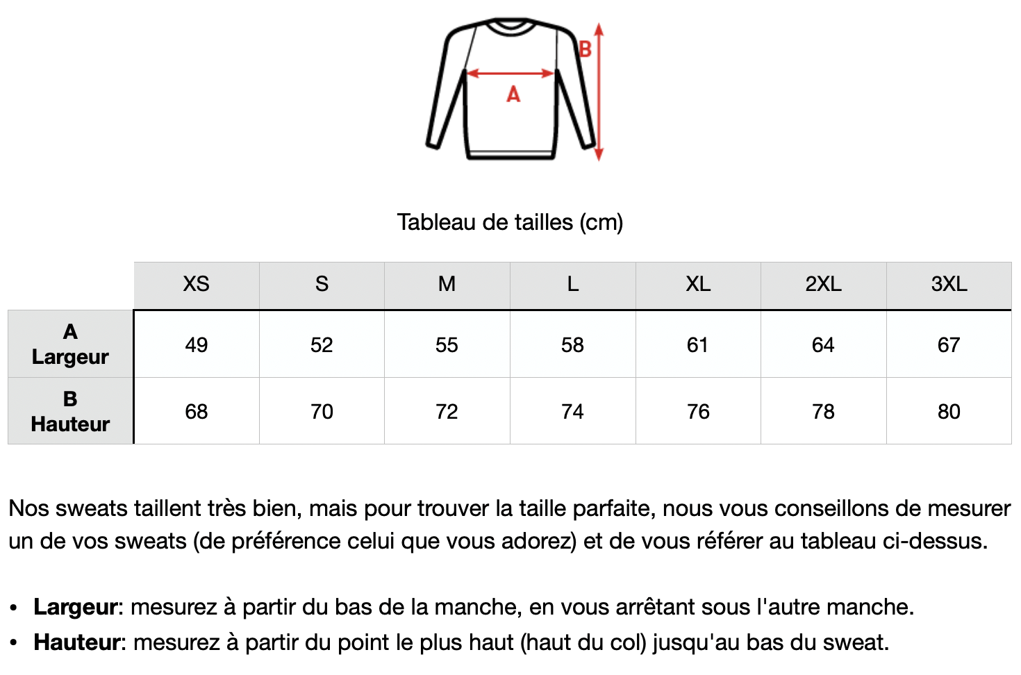 Guide des tailles sweat capuche zippé personnalisé