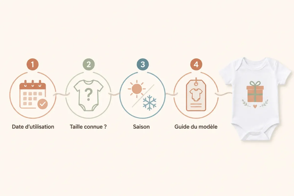 Parcours visuel pour choisir un body selon la date d’utilisation, la taille connue et la saison