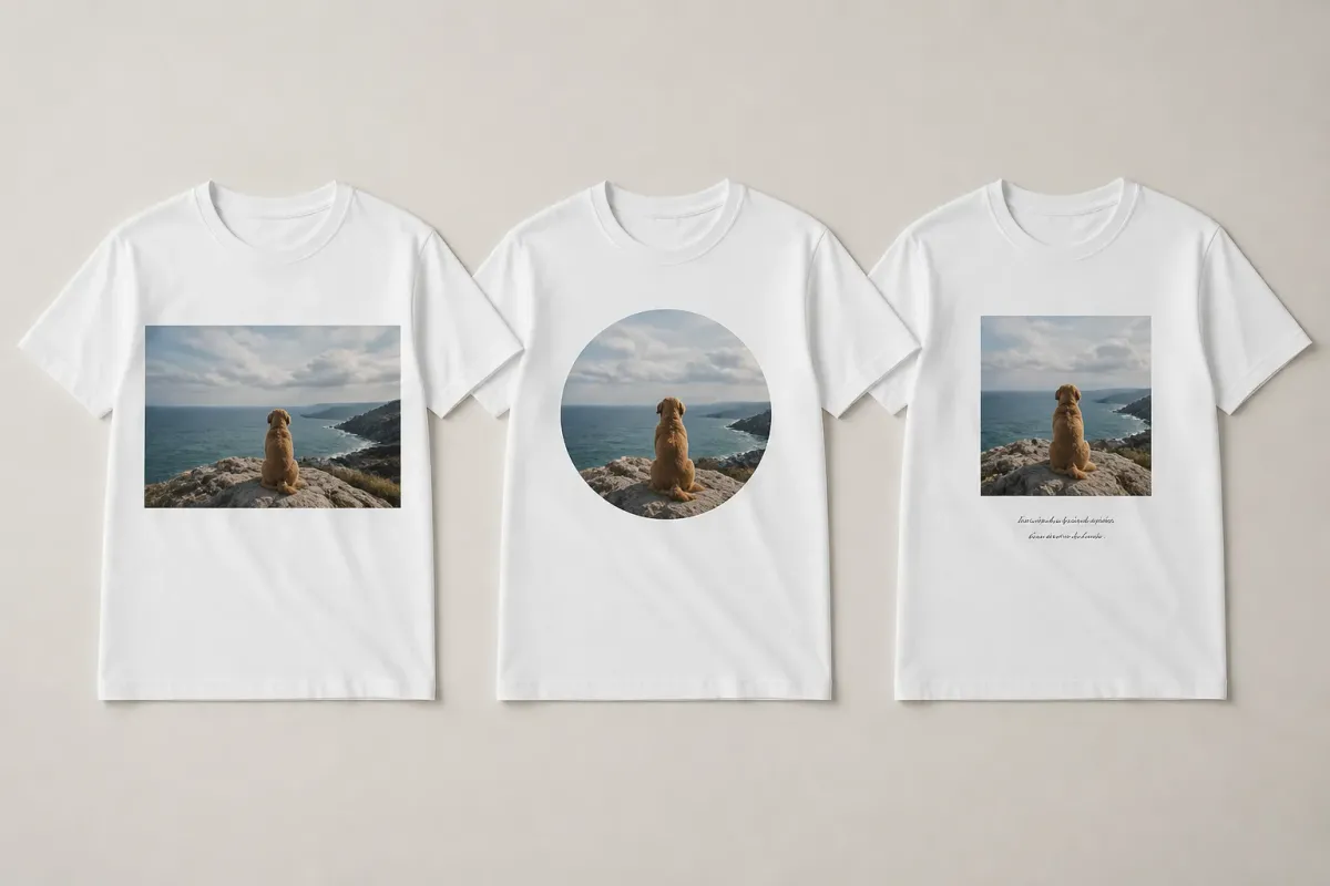 Trois t-shirts personnalisés illustrant un cadrage et un placement de photo équilibrés