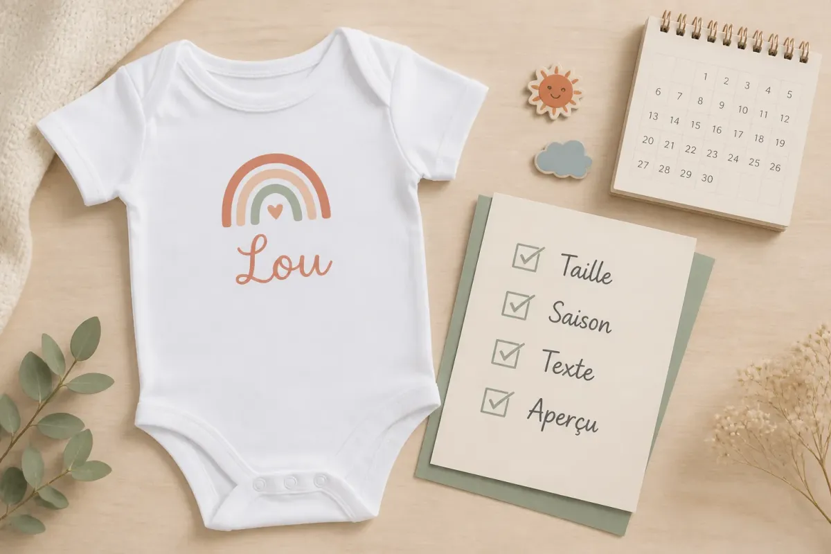 Checklist visuelle pour contrôler la taille, la saison, le texte et l’aperçu d’un body cadeau
