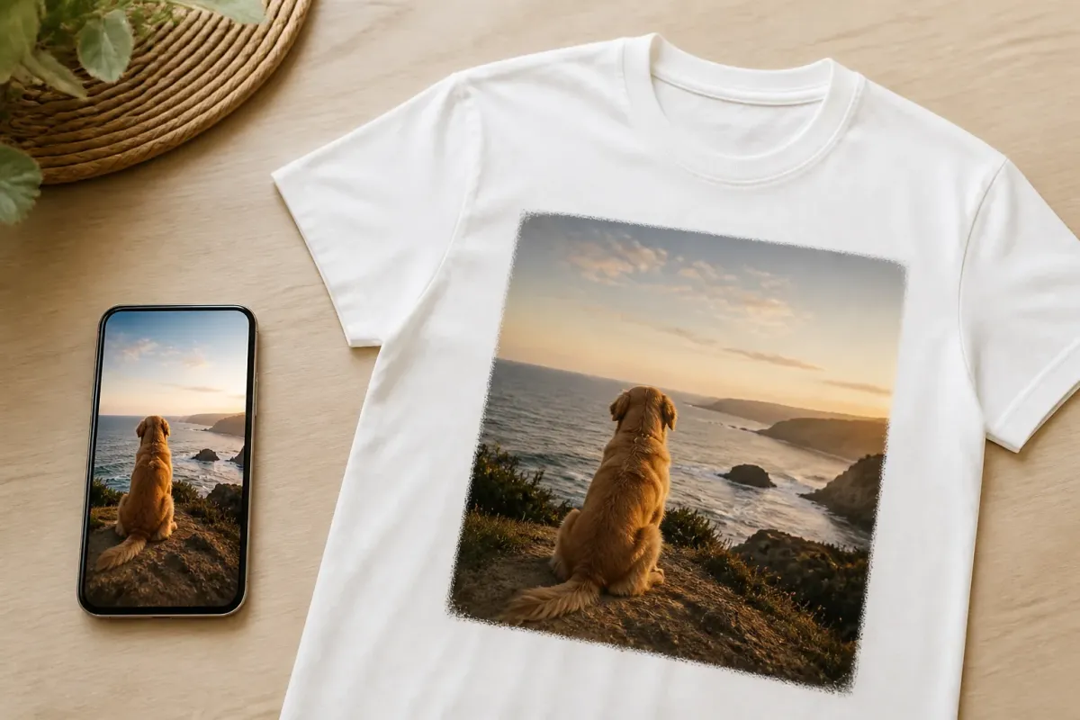 Photo source sur smartphone et t-shirt personnalisé avec une composition photo harmonieuse