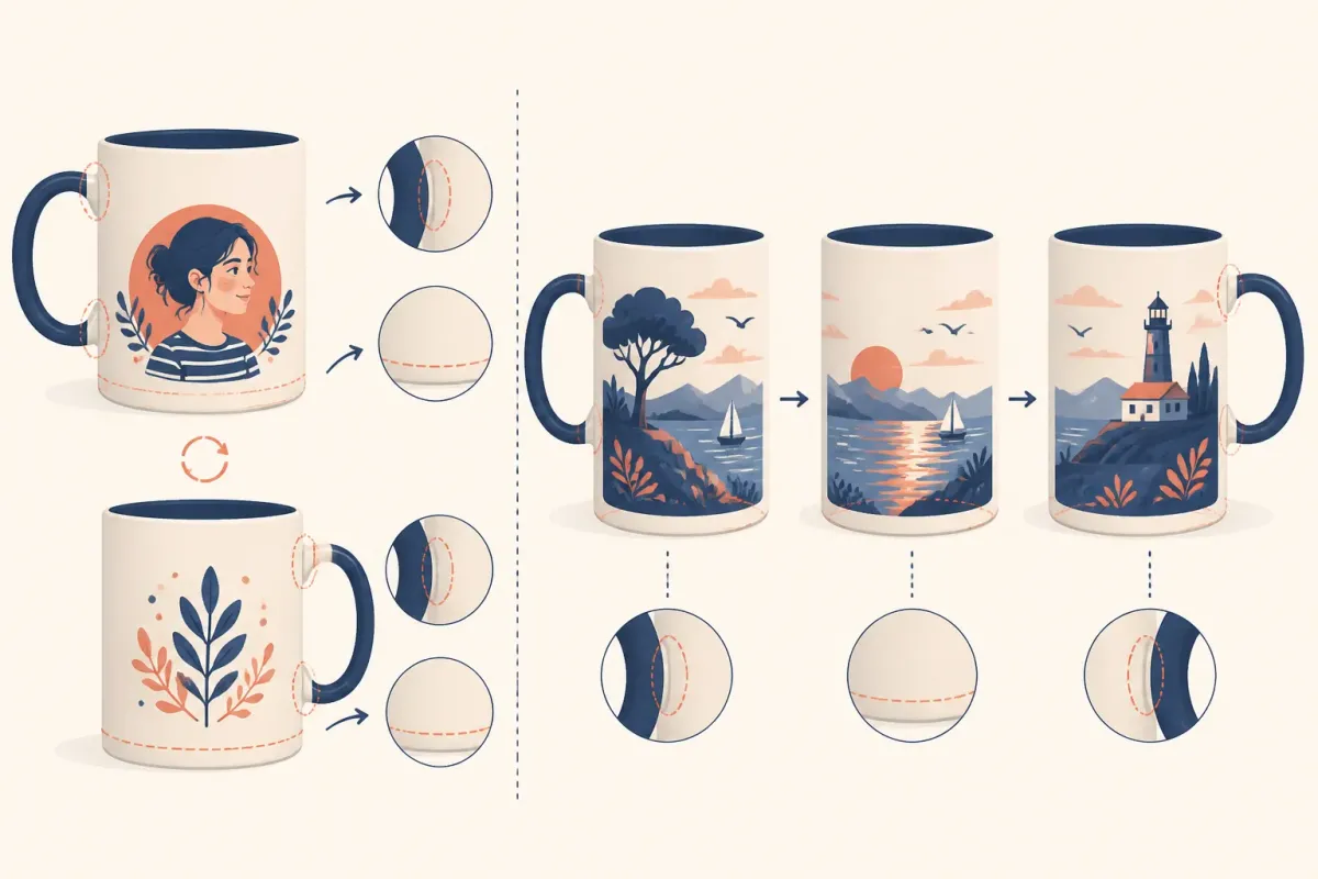 Schéma comparant une composition sur deux faces et un visuel panoramique autour d’un mug