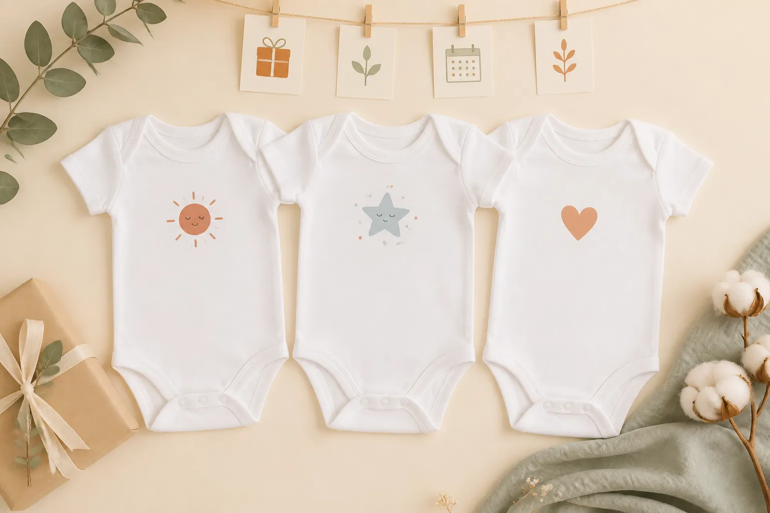 Plusieurs bodies bébé personnalisés organisés selon le moment où ils seront offerts et portés