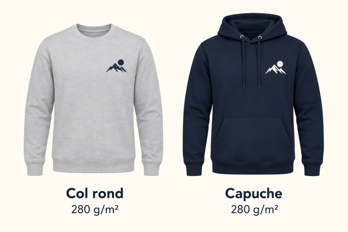 Deux silhouettes de sweats, col rond gris et capuche bleu marine avec poche kangourou, chacune indiquée à 280 g/m².