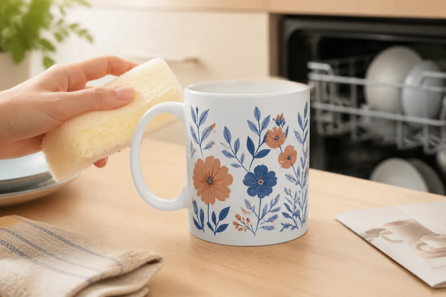 Mug personnalisé nettoyé avec une éponge douce, avec lave-vaisselle et fiche produit en arrière-plan