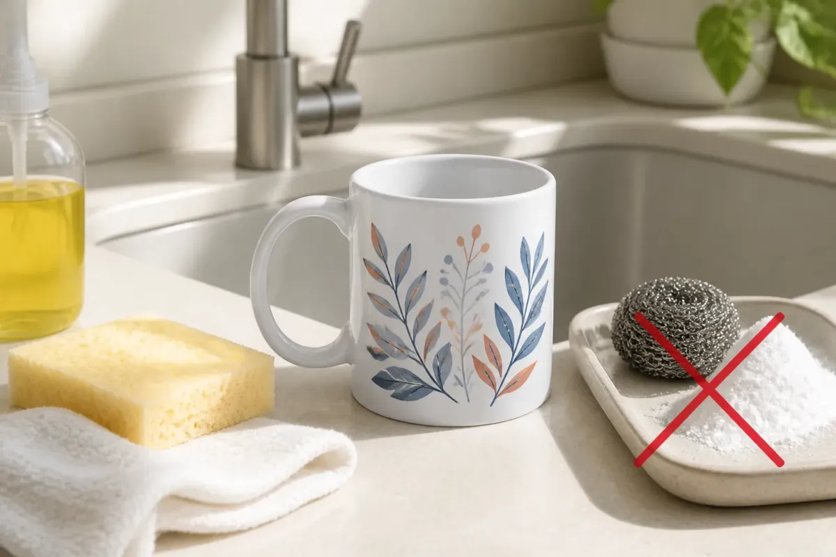 Éponge douce et chiffon près d’un mug personnalisé, avec accessoires abrasifs tenus à distance