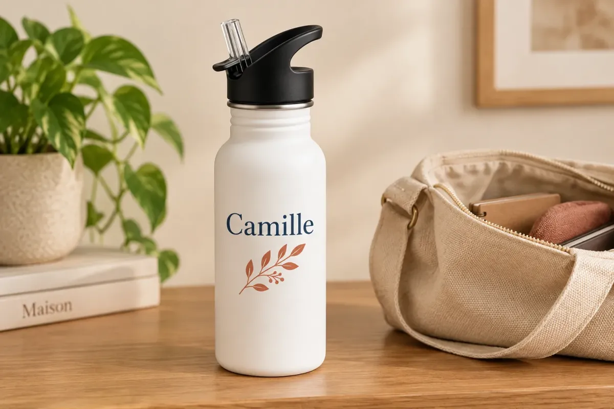 Gourde blanche personnalisée Camille avec son bouchon noir et son bec transparent, présentée près d’un sac ouvert.