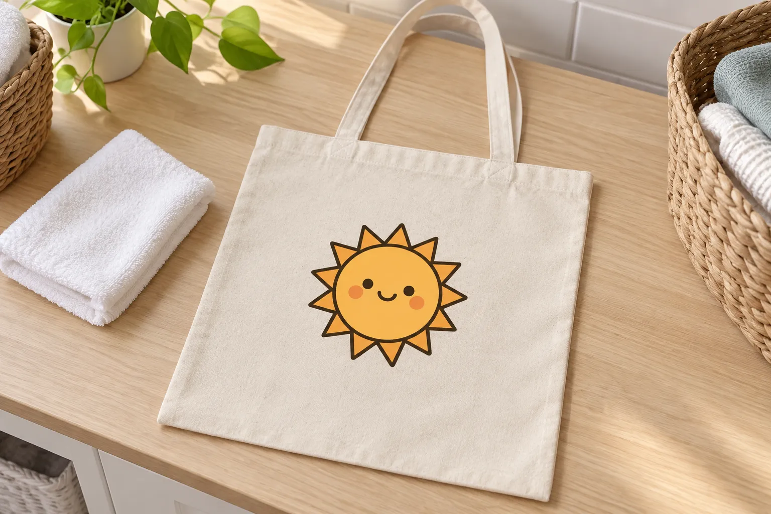 Tote bag écru imprimé d’un soleil posé près d’un espace de soin du linge.