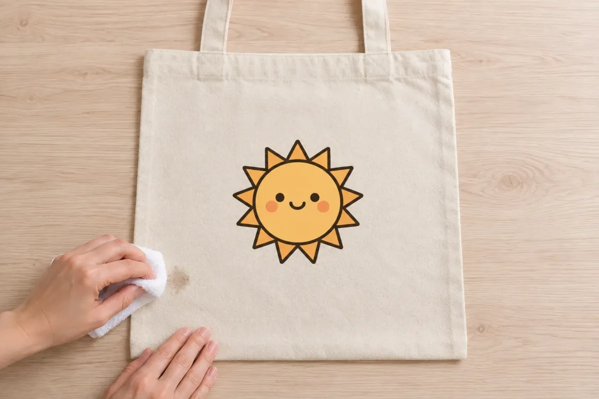 Un chiffon doux tamponne une petite tache sur la toile, à distance du soleil imprimé.