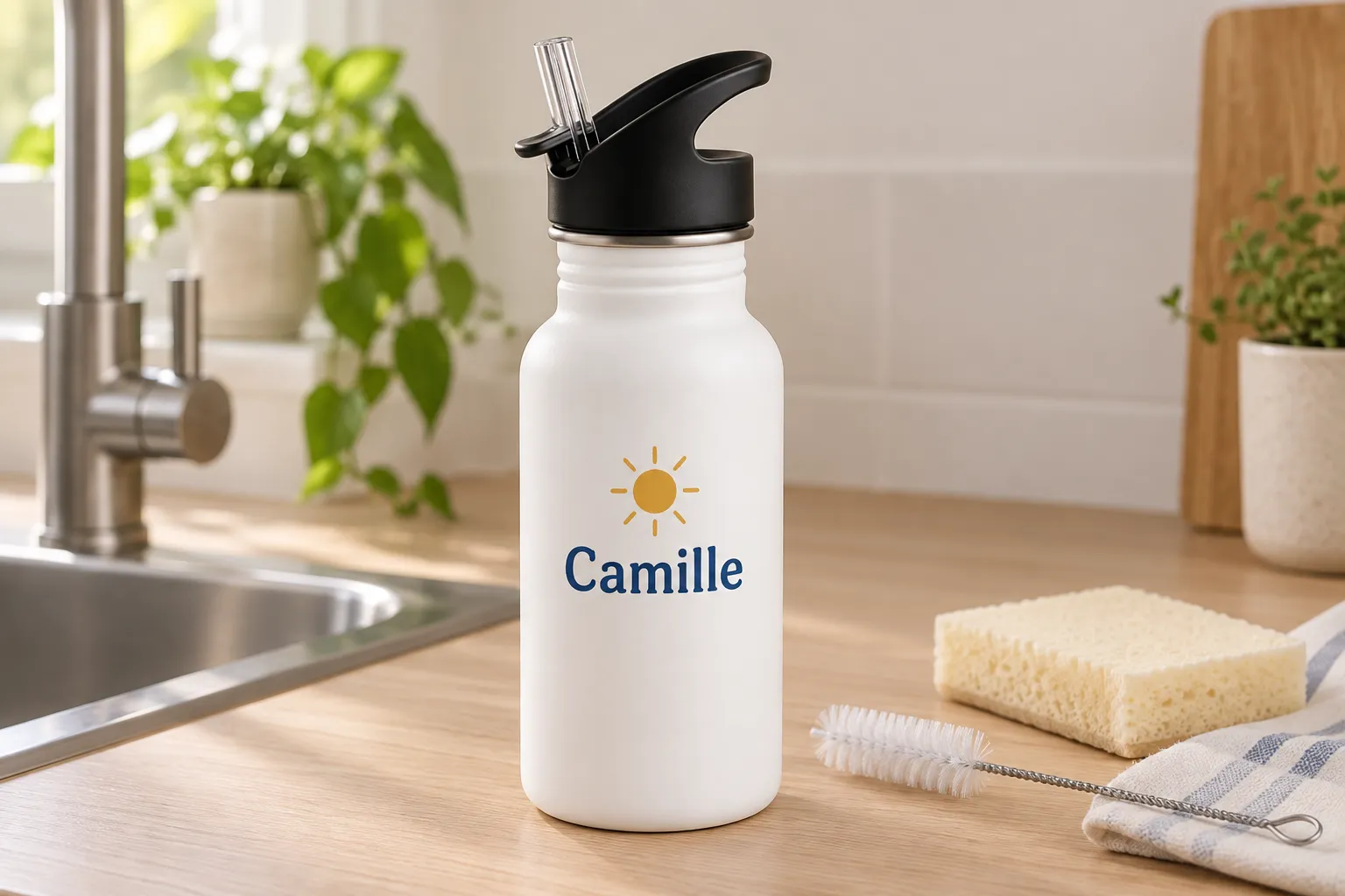 Gourde personnalisée blanche près d’une éponge douce et d’un goupillon pour le lavage à la main.