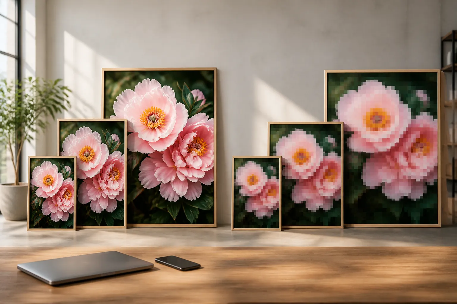 Comparaison entre une image nette et une image pixellisée sur plusieurs formats d’affiche