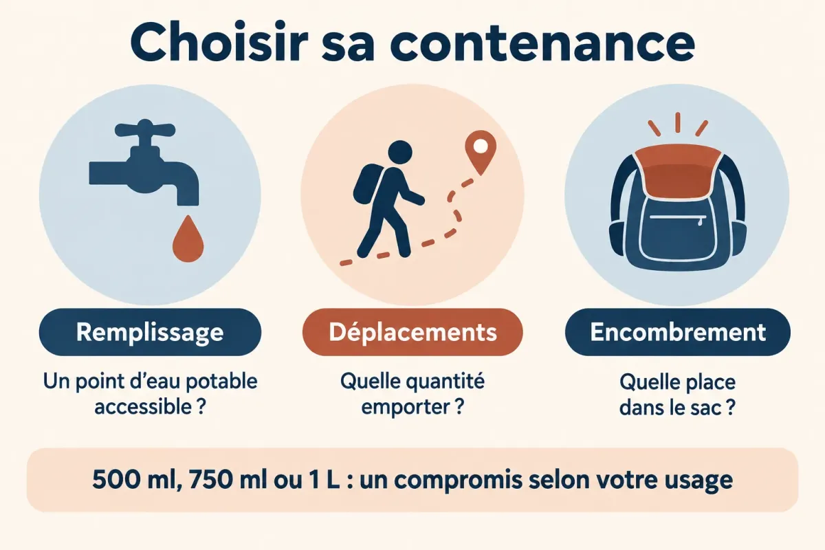 Trois critères pour choisir une contenance : accès à l’eau potable, déplacements et place dans le sac.