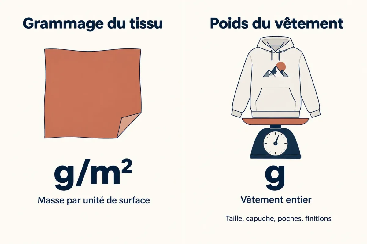 Schéma distinguant la masse par surface du tissu, exprimée en g/m², du poids total du vêtement, exprimé en g.