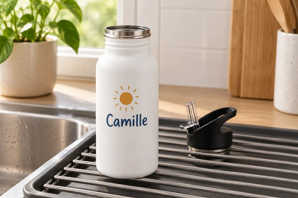 Gourde personnalisée ouverte et bouchon à côté, disposés pour un séchage aéré après rinçage.