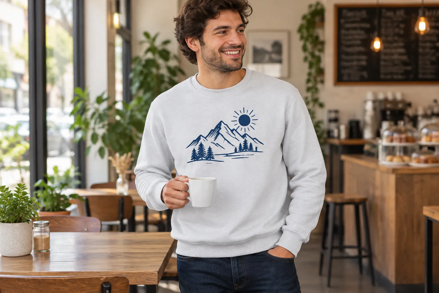 Sweat gris à col rond porté au quotidien, avec un motif montagne imprimé sur la poitrine.