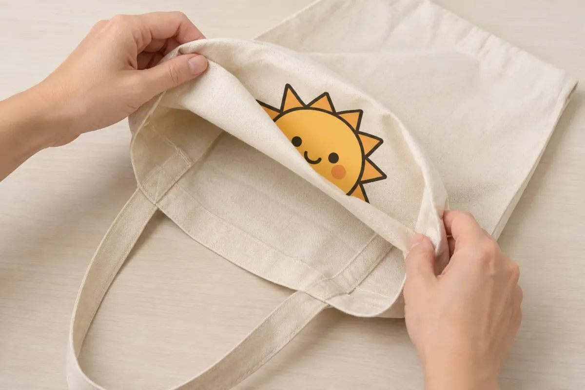 Mains retournant un tote bag en toile pour placer son impression à l’intérieur avant le lavage.