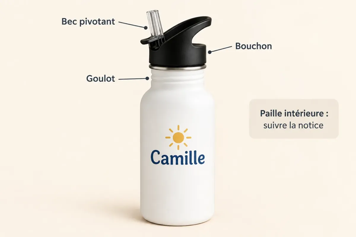 Repérage du goulot, du bouchon et du bec pivotant ; la paille intérieure est signalée sans démontage.