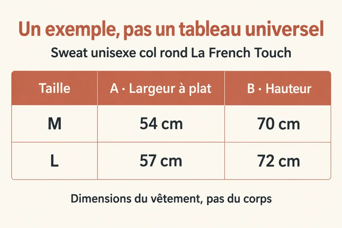 Exemple du sweat unisexe col rond La French Touch : M, largeur 54 cm et hauteur 70 cm ; L, largeur 57 cm et hauteur 72 cm.