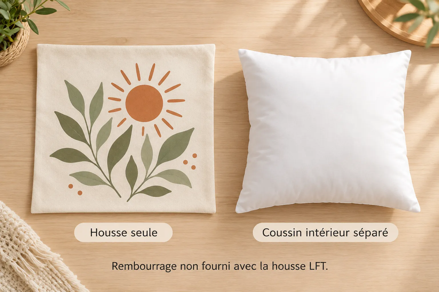Housse naturelle avec motif botanique terminé, posée à plat à côté d’un coussin intérieur blanc séparé.