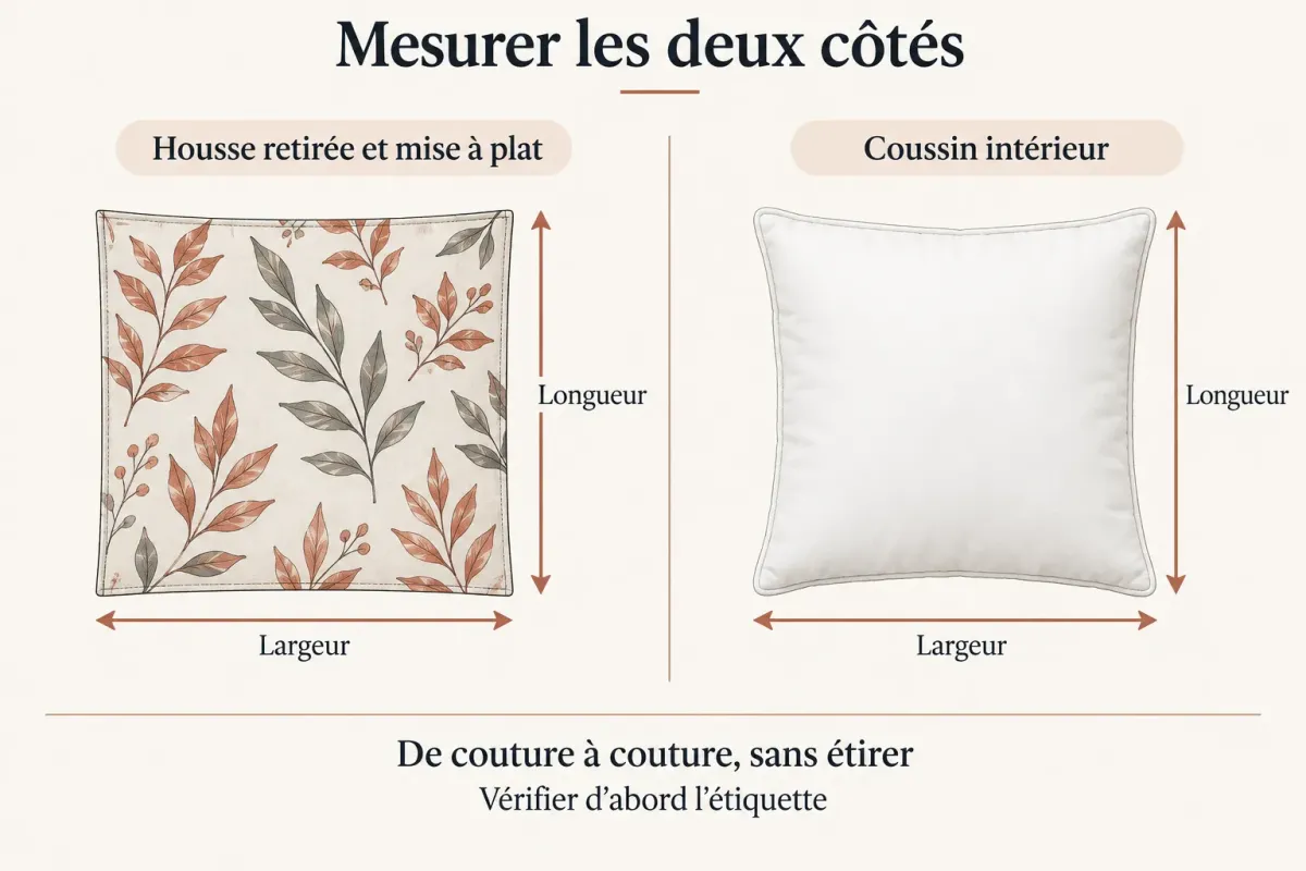 Schéma de mesure des deux côtés, de couture à couture, sur une housse à plat et un coussin intérieur.