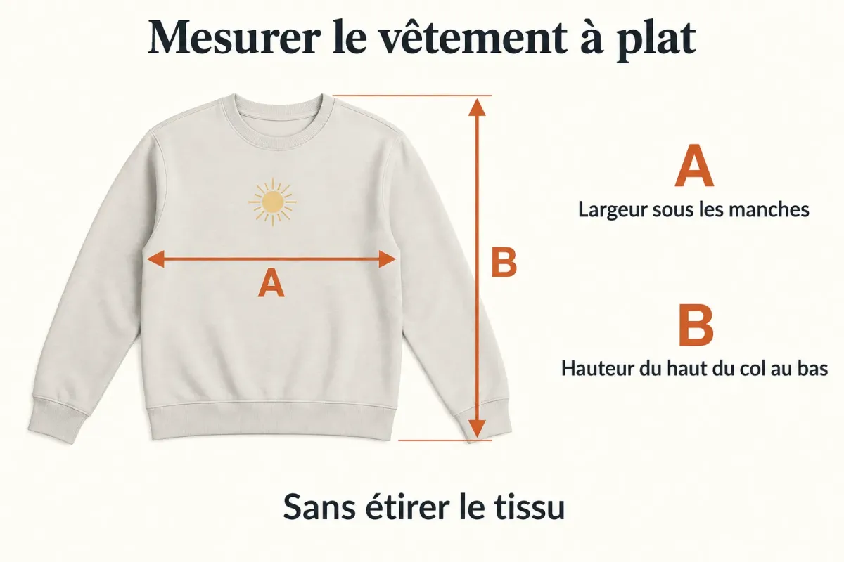 Schéma d’un sweat à plat : A pour la largeur sous les manches, B pour la hauteur du haut du col au bas.